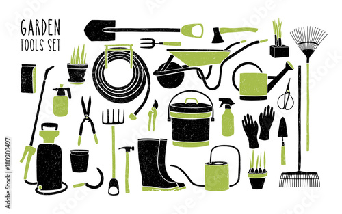 Collection of gardening tools isolated on white background. Bundle of black and green equipment for crops cultivation, agricultural work, farming and growing plants. Hand drawn vector illustration.