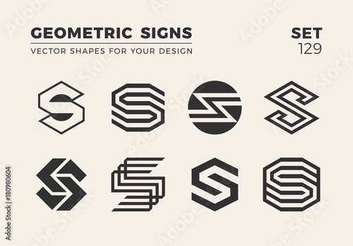 Set of eight minimalistic trendy shapes. Stylish vector logo emblems for Your design. Simple geometric signs collection.