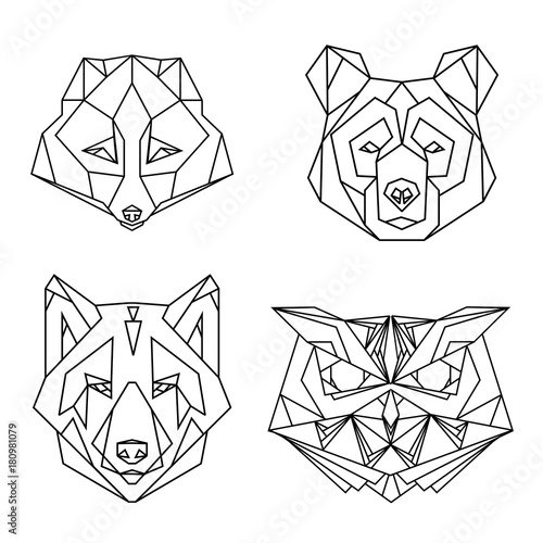 Geometric set of four vector animal heads: fox, bear, wolf, owl, drawn in line or triangle style, suitable for modern tattoo polygonal templates, icons or logo elements.