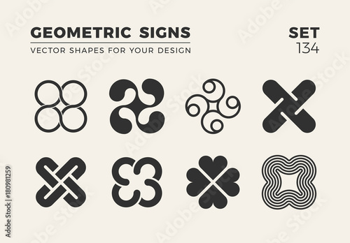 Set of eight minimalistic trendy shapes. Stylish vector logo emblems for Your design. Simple geometric signs collection.
