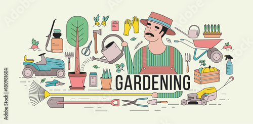 Horizontal banner with gardener in hat watering potted tree surrounded by gar...