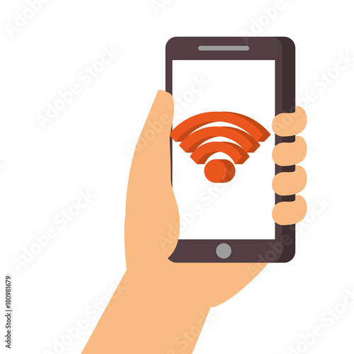 hand holding smartphone with wifi internet connection vector illustration