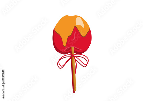 Red apple in caramel and sweet sprinkles with stick in it. Simple vector illustration on white background. Merry Christmas and New Year Holiday. Eps 10.