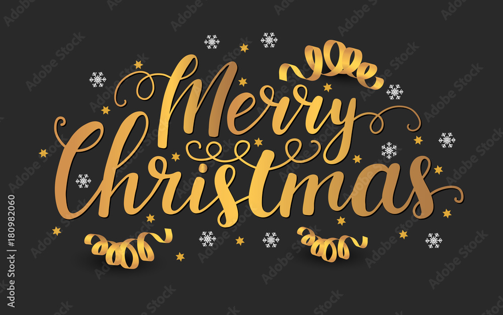 Vector christmas card with lettering, snowflake and ribbons