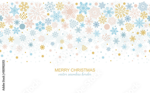 Seamless snowflake border  festive decoration isolated on white background  Merry Christmas design for greeting card or postcard. Vector illustration  xmas flake header or banner