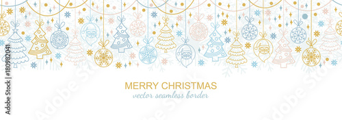 Seamless snowflake border  festive decoration isolated on white background, Christmas design. Vector illustration, xmas ornament, snow flake header or banner