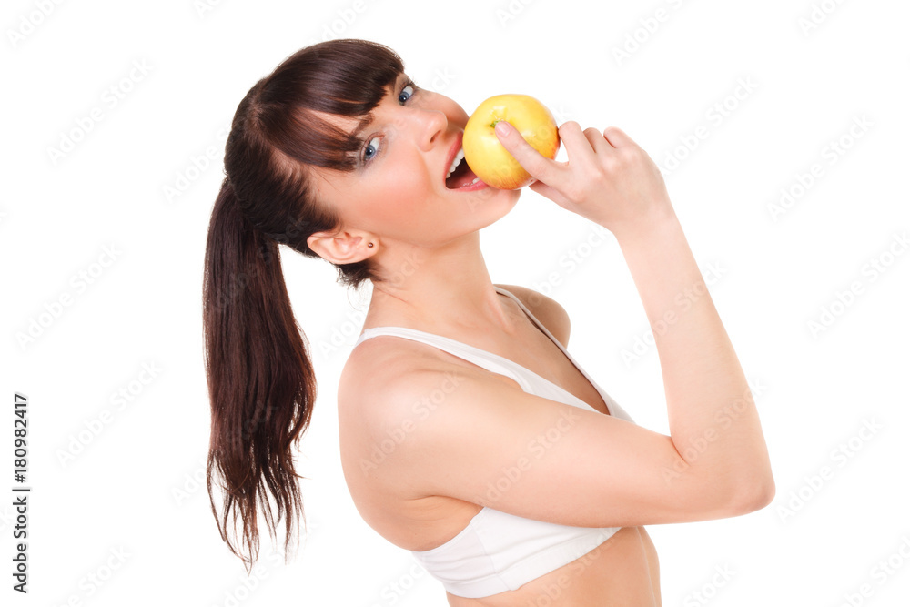 beautiful young woman with slim body in underwear eating an apple isolated beautiful young woman with slim body in underwear eating an apple isolated