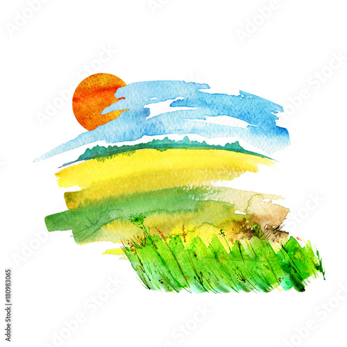 Watercolor painting, painting. Sunset in the field, savannah, in the meadow. Yellow wild grass, plants, wind. Orange, red sun, against a blue sky. Sunset, eclipse.