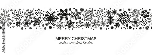 Black and white seamless snowflake border, Christmas design for greeting card. Vector illustration, merry xmas snow flake header or banner, wallpaper or backdrop decor