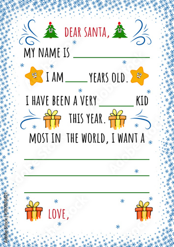 Dear Santa. Vector letter template to the Santa on Christmas. Child christmas wish list