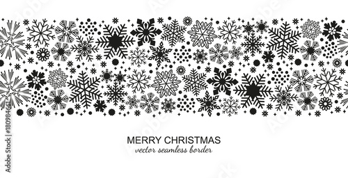 Monochrome seamless snowflake border isolated on white background, Christmas design for postcard or greeting card. Vector illustration, merry xmas snow flake header or banner, wallpaper or backdrop