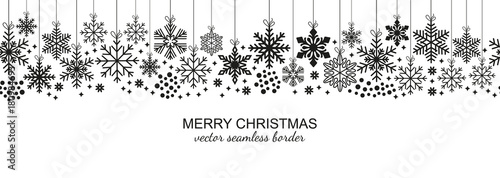 Festive seamless snowflake border isolated on white background, Christmas design for postcard or greeting card. Vector illustration, merry xmas flake header or banner, wallpaper or backdrop decor