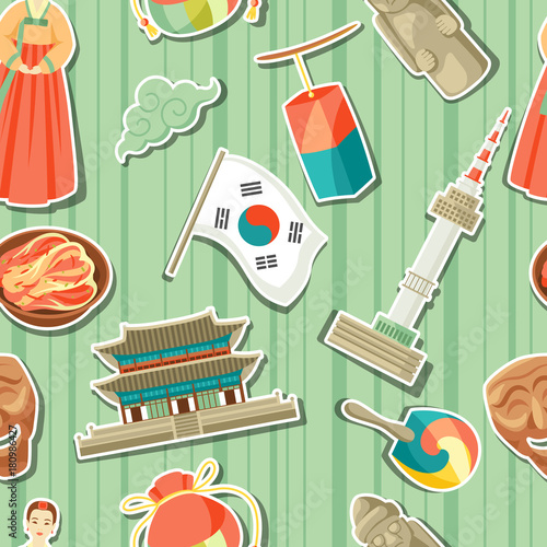 Korea seamless pattern. Korean traditional sticker symbols and objects