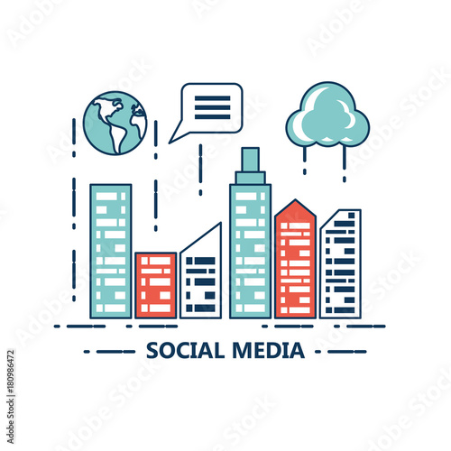 city buldings and social media related icons over white background colorful design vector illustration