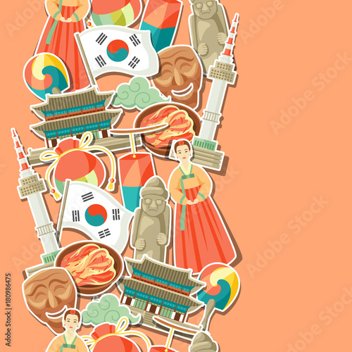 Korea seamless pattern. Korean traditional sticker symbols and objects