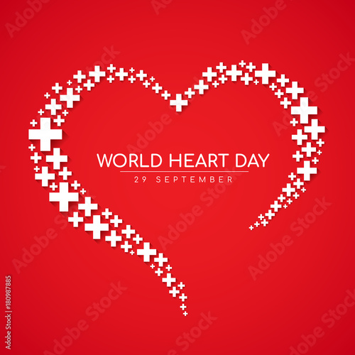 World heart day banner - white cross sign with heart sign on red background vector design