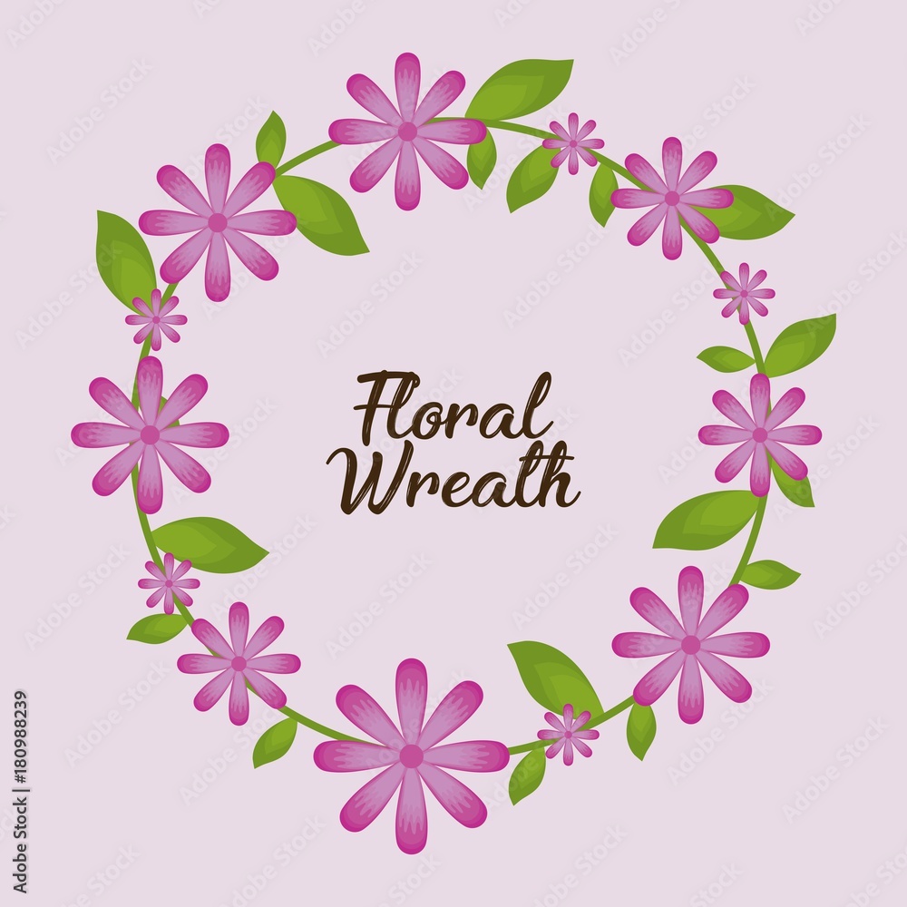 decorative wreath with leaves and pink flowers  icon over pink background colorful design vector illustration