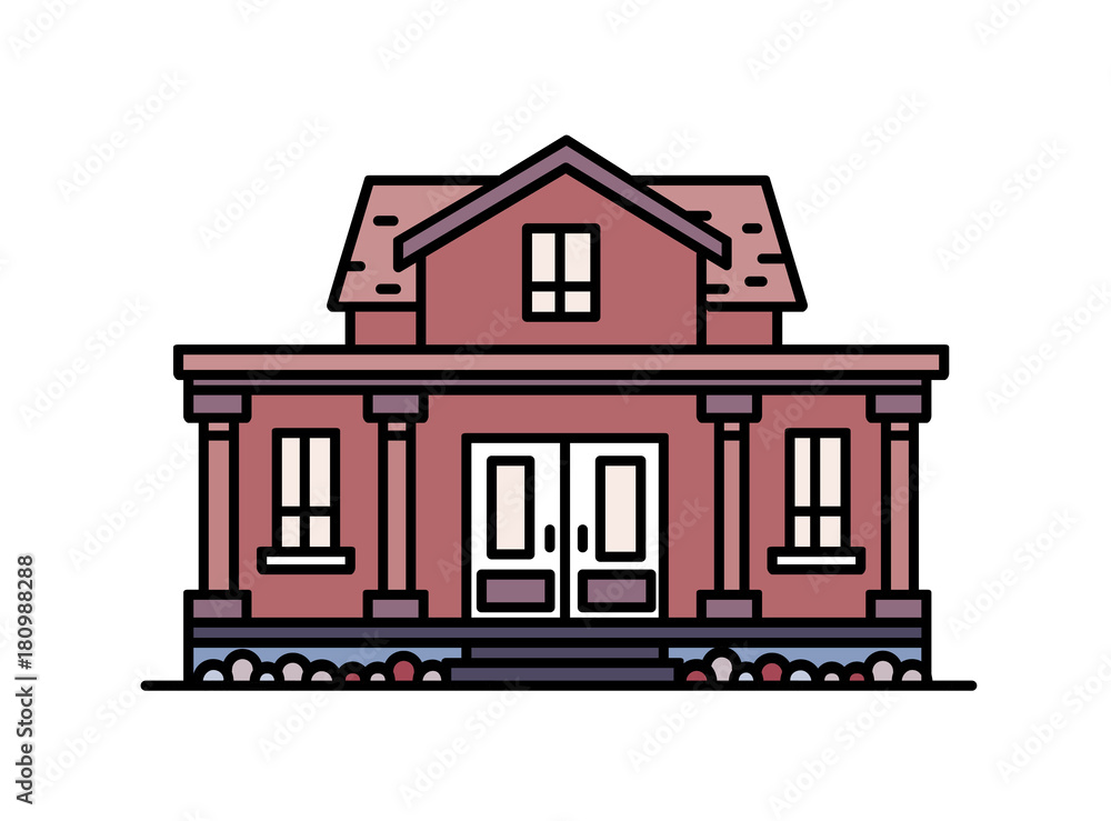 Two-story suburban house with porch and columns built in elegant classic architectural style. Residential building isolated on white background. Colorful vector illustration in line art style.