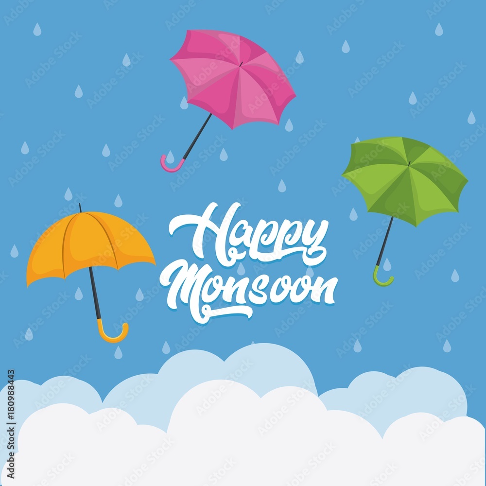 happy monsoon design with colorful umbrellas icon over blue background vector illustration