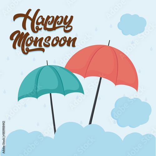 happy monsoon design with colorful umbrellas icon over blue background vector illustration