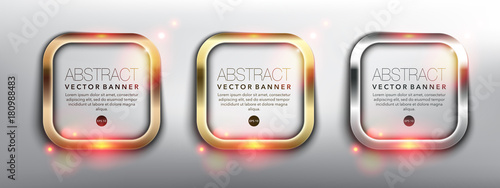 Abstract vector square banners set of 3. Gold, bronze and silver frames. Metallic glowing frames. Isolated on the white background. Each item contains space for own text. Vector illustration. Eps10.