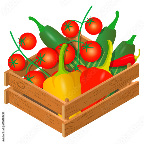 Wooden crates with vegetables. Peppers, tomatoes and cucumbers. 3D isometric view. Vector illustration.