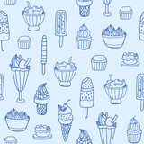 Monochrome seamless pattern with delicious ice cream and milky desserts of various types on white background. Backdrop with tasty sweet meals. Vector illustration for fabric print, wrapping paper.