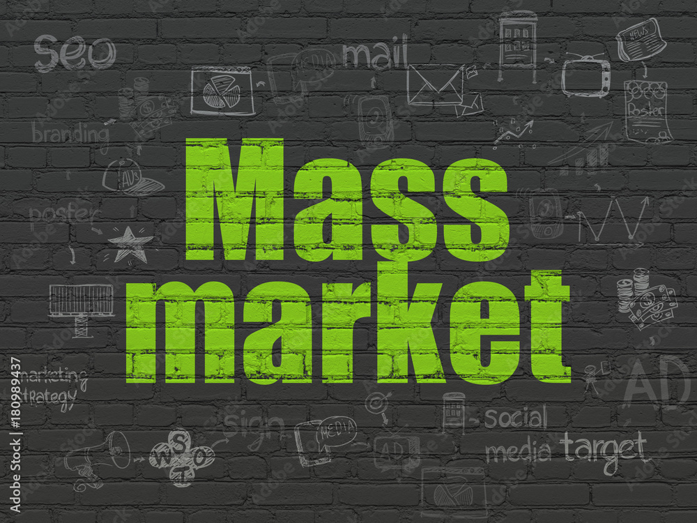 Marketing concept: Painted green text Mass Market on Black Brick wall background with Scheme Of Hand Drawn Marketing Icons Marketing concept: Painted green text Mass Market on Black Brick wall background with Scheme Of Hand Drawn Marketing Icons