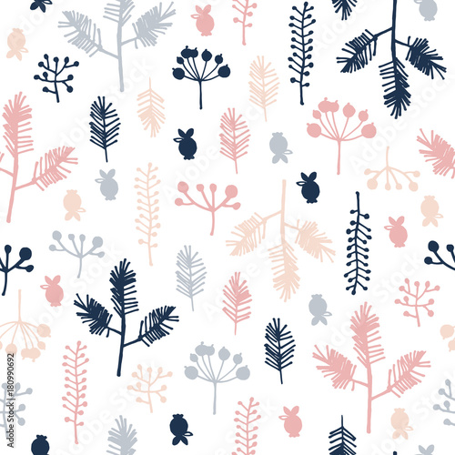 Seamless pattern with hand drawn branches and berries.