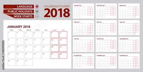 Wall calendar planner 2018 in English, week starts in Monday.