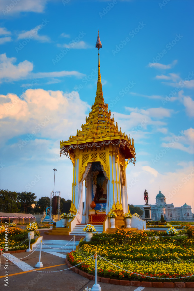 The replica of royal crematorium of His Majesty late King Bhumibol Adulyadej built for the royal funeral at The Royal Plaza with King Chulalongkorn Monument