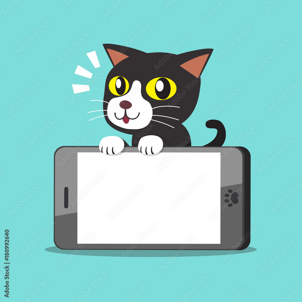Vector cartoon character cat and big smartphone Vector cartoon character cat and big smartphone