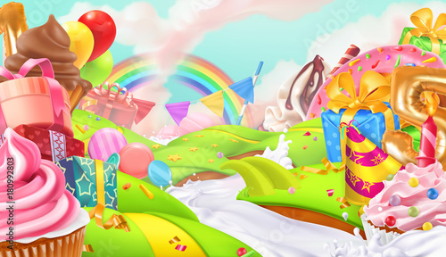 Happy holiday. Cupcake, gift box. Sweet landscape, 3d vector background