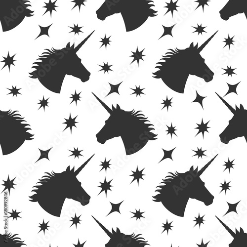 Black unicorn silhouette with stars seamless pattern