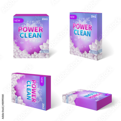Purple detergent cardboard package box in different positions
