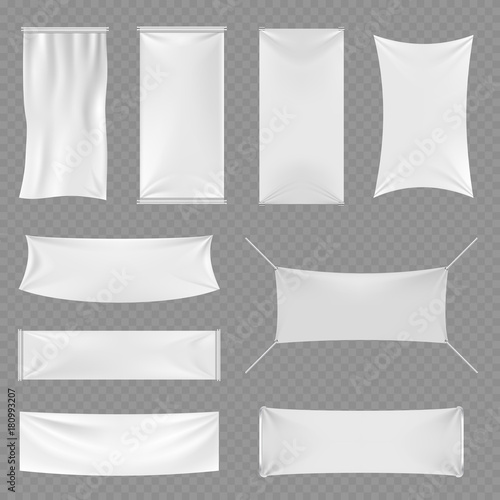 White blank textile advertising banners with folds isolated on transparent background