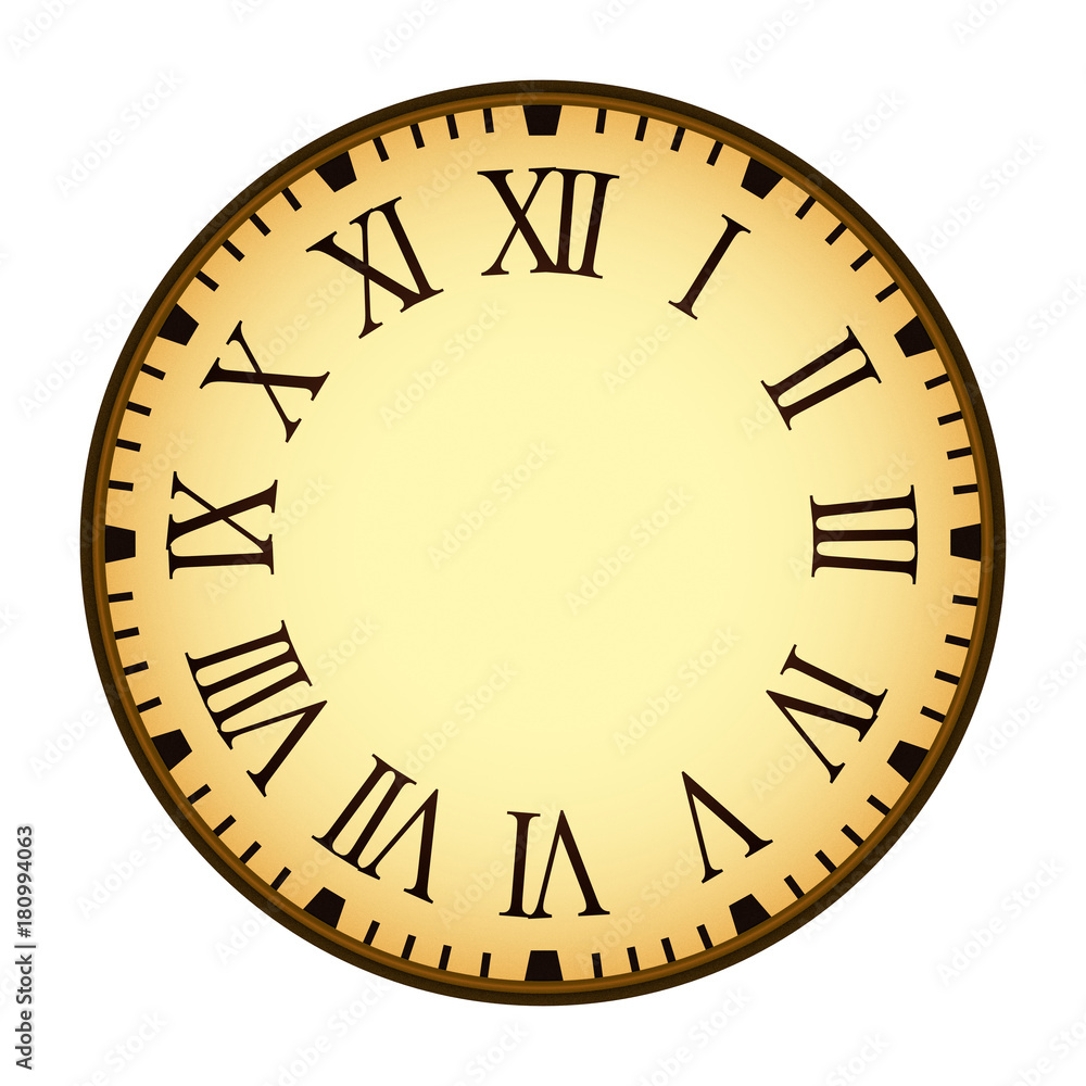 Vintage Clock, Empty Clockface with Roman Letters in Brown Colors - Isolated Graphic Design, Digital Illustration