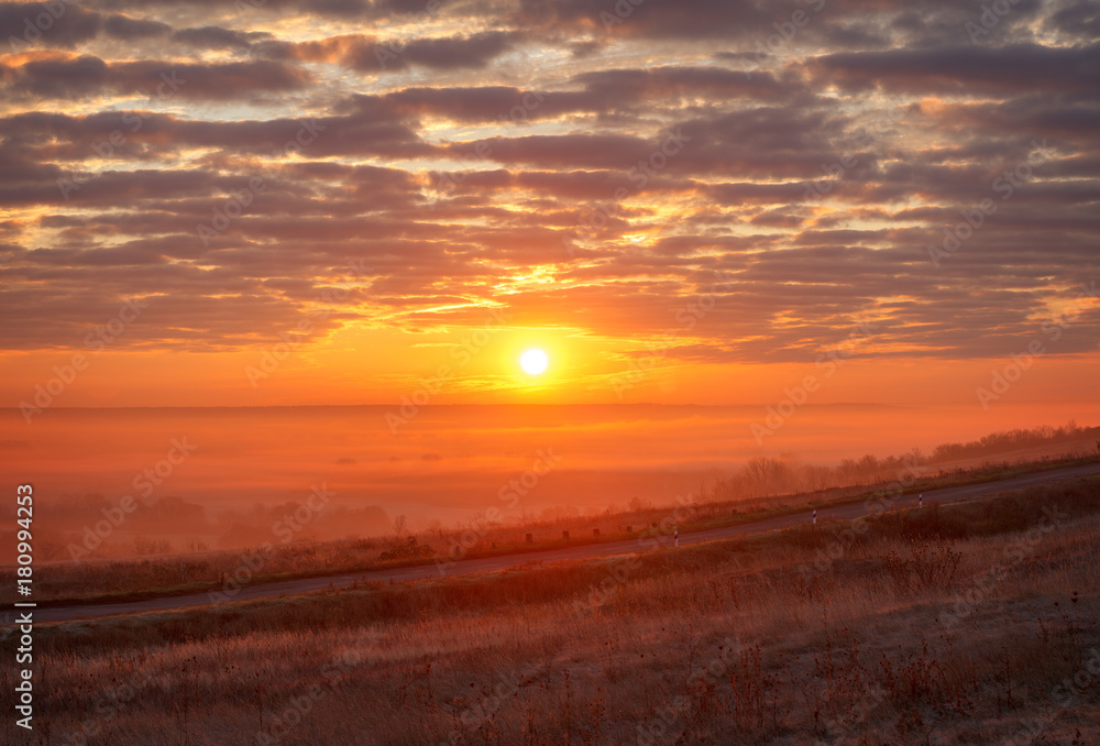 Panoramic landscape with fog in the background of the rising sun. Panoramic landscape with fog in the background of the rising sun.