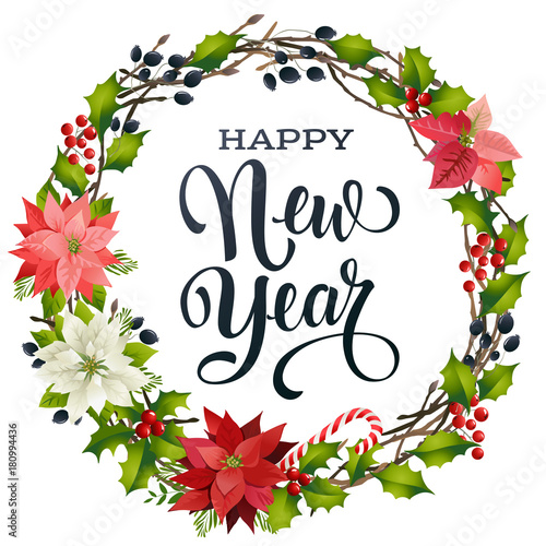 Happy New Year lettering banner for web or social media. Holiday greeting card template. Wreath, frame of winter plants, candy cane and branches isolated.