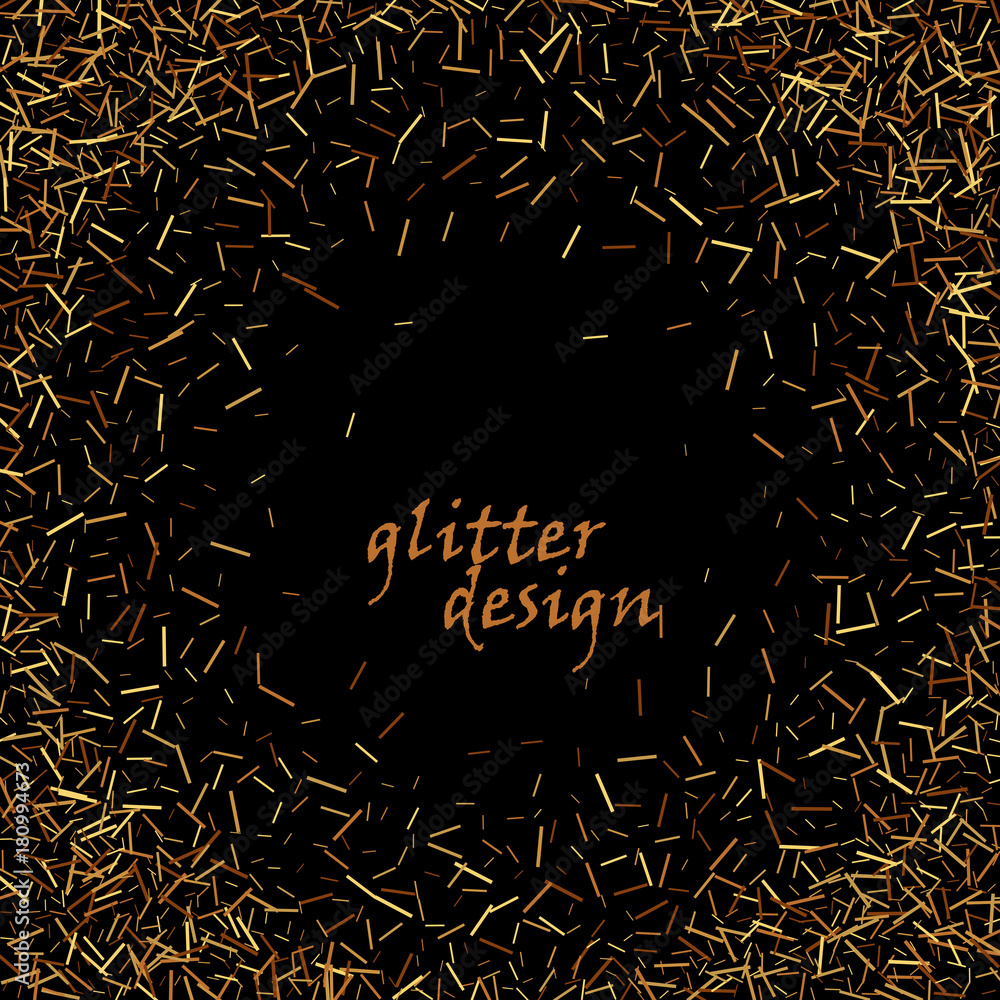 Gold glitter texture on a black background. Holiday background. Golden explosion of confetti.