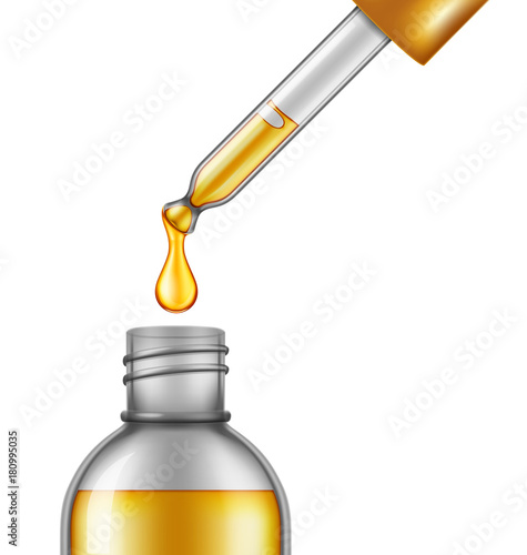 Eye dropper dropping essential oil into a glass bottle. Vector illustration.