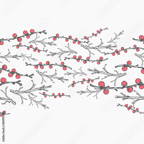 Seamless winter berry pattern. Light colors wth red berries hand drawn elements. For fabrics, packaging papers and other design.