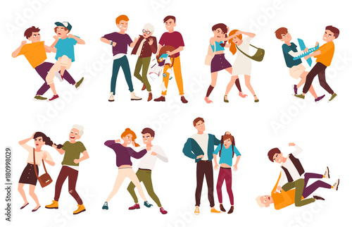 Collection of fighting children. Conflicts between kids, violent behavior among teenagers, violence at school. Flat cartoon characters isolated on white background. Colorful vector illustration.