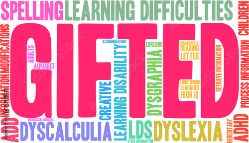 Gifted with Learning Difficulties Word Cloud on a white background. 