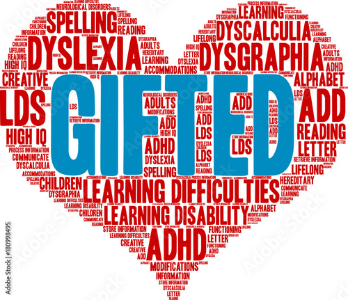 Gifted with Learning Difficulties Word Cloud on a white background. 