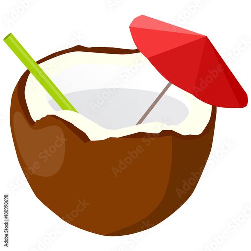 Vector illustration of cocktail in coconut. With umbrella and straw. Exotic summer cocktail