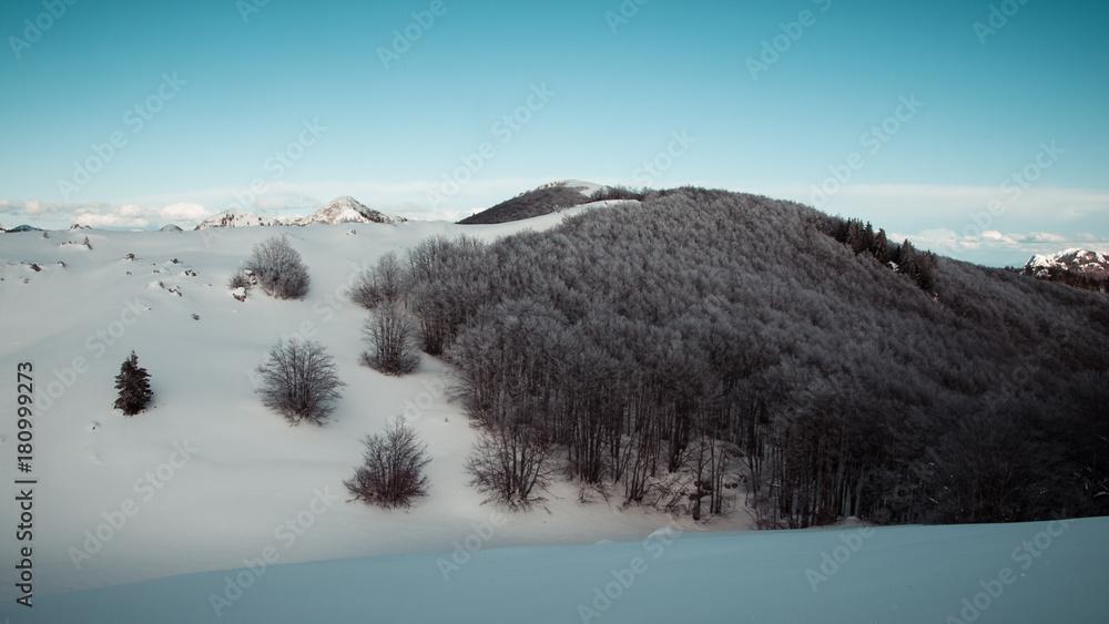 Landscape view of a mountain and dark forest on the Velebit mountain. Winter in Velebit, Croatia, Europe.