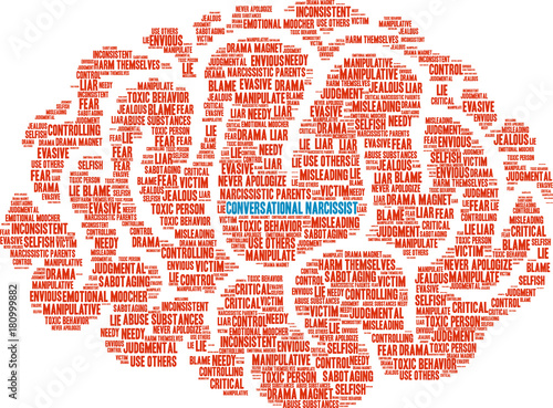 Conversational Narcissist Word Cloud on a white background. 