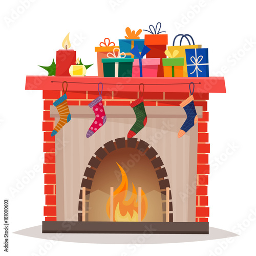 Christmas fireplace with gifts, socks and candles.