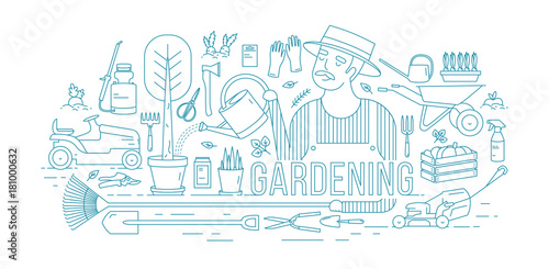 Gardener watering tree growing in pot surrounded by gardening and agricultural equipment, tools, garden plants drawn with blue contour lines on white background. Vector illustration in lineart style.